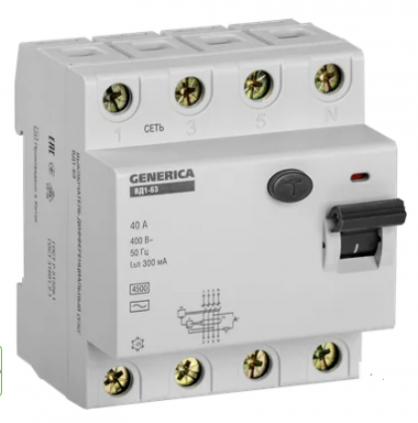 Фотография товара 'IEK Выключатель дифференциальный (УЗО) ВД1-63 4Р 40А 300мА, MDV15-4-040-300'