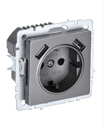 Фотография товара 'IEK BRITE Розетка 1-местная с заземлением с защитными шторками 16А с USB A+A 5В 3,1А РЮш10-2-БрС сталь BR-R14-16-U21-D31-K46'