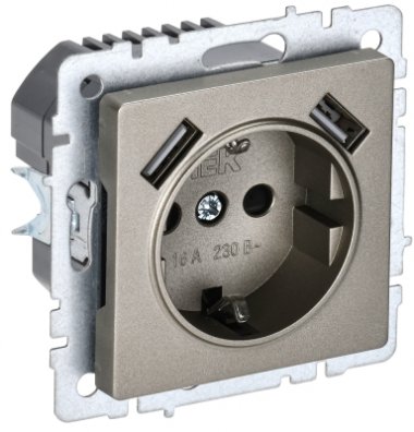 Фотография товара 'IEK BRITE Розетка 1-местная с заземлением с защитными шторками 16А с USB A+A 5В 2,1А РЮш10-1-БрШ шампань BR-R14-16-U21-D21-K37'