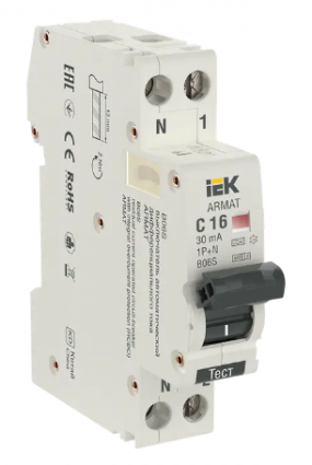 Фотография товара 'IEK ARMAT Автоматический выключатель дифференциального тока B06S 1P+NP C16 30мА тип A (18мм), AR-B06S-1N-C16A030'