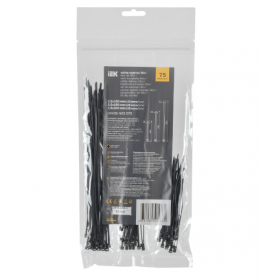 Фотография товара 'IEK Набор хомутов 2,5х100; 2,5х150; 2,5х200 черные (75шт/упак) UNH35-N02-075'