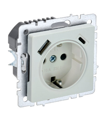 Фотография товара 'IEK BRITE Розетка 1-местная с заземлением с защитными шторками 16А с USB A+C 18Вт РЮш11-1-БрЖ жемчуг BR-R14-16-U22-018-K36'