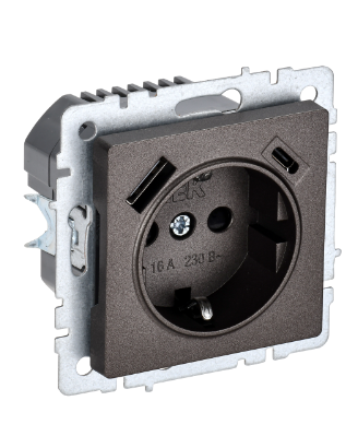 Фотография товара 'IEK BRITE Розетка 1-местная с заземлением с защитными шторками 16А с USB A+C 18Вт РЮш11-1-БрТБ темная бронза BR-R14-16-U22-018-K45'