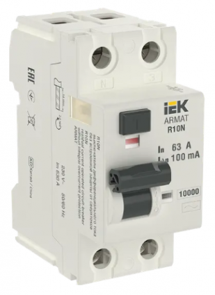 Фотография товара 'IEK ARMAT Выключатель дифференциального тока R10N 2P 63А 100мА тип AC, AR-R10N-2-063C100'