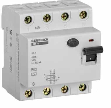Фотография товара 'IEK Выключатель дифференциальный (УЗО) ВД1-63 4Р 63А 300мА, MDV15-4-063-300'