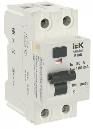 Фотография товара 'IEK ARMAT Выключатель дифференциального тока R10N 2P 80А 100мА тип AC-S, AR-R10N-2-080CS100'