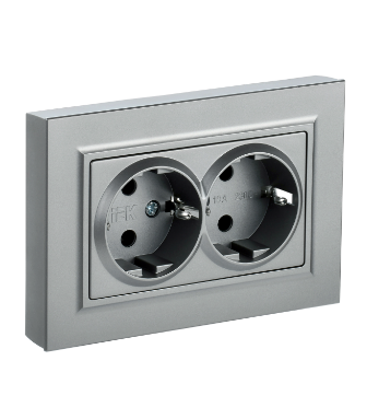 Фотография товара 'IEK BRITE Розетка 2-местная с заземлением без защитных шторок 16А в сборе РС12-3-БрА алюминий BR-R21-16-K47-F'