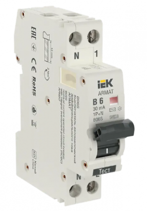 Фотография товара 'IEK ARMAT Автоматический выключатель дифференциального тока B06S 1P+NP B6 30мА тип AC (18мм), AR-B06S-1N-B06C030'