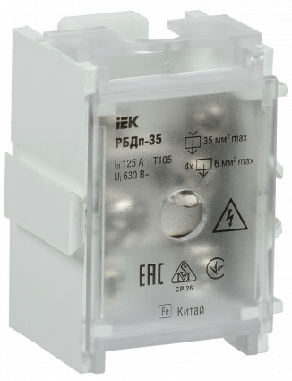 Фотография товара 'IEK Блок распределительный проходной РБДп-35 125/50А на DIN-рейку (1х35-4х6мм2), YRB30-1-125'