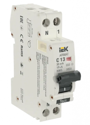 Фотография товара 'IEK ARMAT Автоматический выключатель дифференциального тока B06S 1P+NP C13 30мА тип A (18мм), AR-B06S-1N-C13A030'