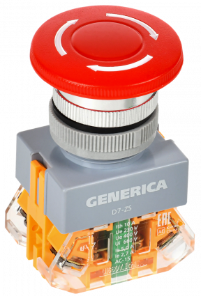 Фотография товара 'IEK BBG50-11ZS-3-21-K04-G Кнопка D7-ZS "Грибок" d=22мм 1NC+1NO пов. фикс кр. GENERICA'