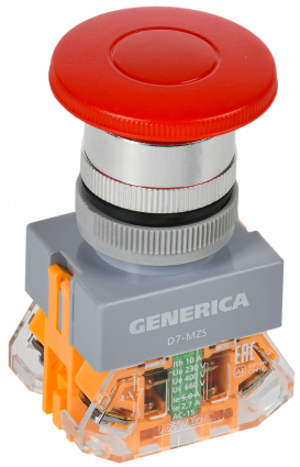 Фотография товара 'IEK BBG50-11MZS-3-21-K04-G Кнопка D7-MZS "Грибок" d=22мм 1NC+1NO с фикс. кр. GENERICA'