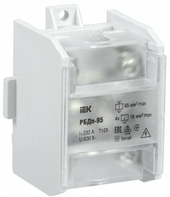 Фотография товара 'IEK Блок распределительный проходной РБДп-95 232/100А на DIN-рейку (1х95-4х16мм2), YRB30-1-232'