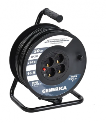 Фотография товара 'IEK Катушка УК50 с термозащитой 4 места 2P+PE/50м 3х1,5мм2 WKP20-16-04-50-G'