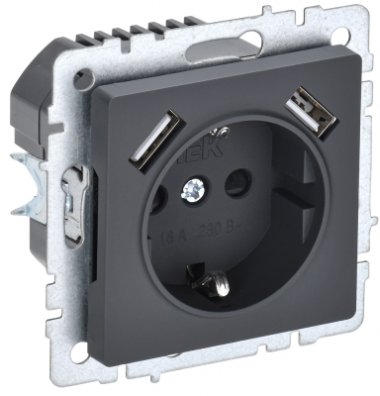 Фотография товара 'IEK BRITE Розетка 1-местная с заземлением с защитными шторками 16А с USB A+A 5В 2,1А РЮш10-1-БрГ графит BR-R14-16-U21-D21-K53'