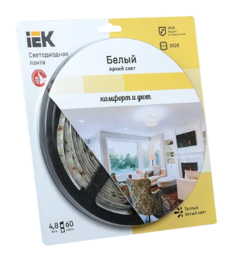 Фотография товара 'IEK Лента светодиодная 5м блистер LSR-3528WW60-4.8-IP65-12V LSR1-1-060-65-1-05'