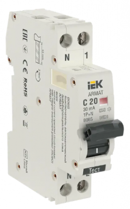 Фотография товара 'IEK ARMAT Автоматический выключатель дифференциального тока B06S 1P+NP C20 30мА тип A (18мм), AR-B06S-1N-C20A030'