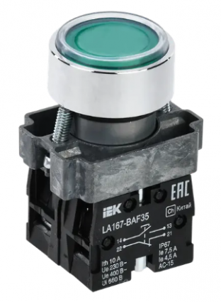 Фотография товара 'IEK Кнопка управления LA167-BAF35 d=22мм 1з+1р зеленая BBT20-BAF35-3-22-67-K06'