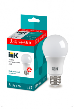 Фотография товара 'IEK Лампа светодиодная A60 шар 8Вт 24-48В 4000К E27 LLE-A60-08-24-48-40-E27'
