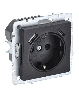 Фотография товара 'IEK BRITE Розетка 1-местная с заземлением с защитными шторками 16А с USB A+C 18Вт РЮш11-1-БрЧ черный BR-R14-16-U22-018-K02'