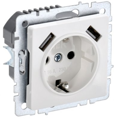 Фотография товара 'IEK BRITE Розетка 1-местная с заземлением с защитными шторками 16А с USB A+A 5В 3,1А РЮш10-2-БрБ белый BR-R14-16-U21-D31-K01'