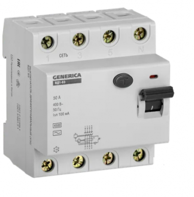 Фотография товара 'IEK  Выключатель дифференциальный (УЗО) ВД1-63 4Р 50А 100мА, MDV15-4-050-100'