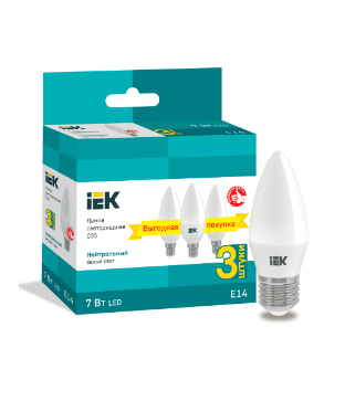 Фотография товара 'IEK Лампа светодиодная C35 свеча 7Вт 230В 4000К E14 (3шт/упак) LLE-C35-07-230-40-E14-3'