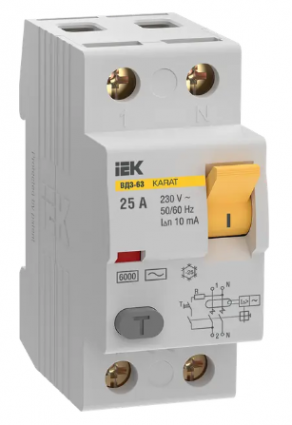 Фотография товара 'IEK Выключатель дифференциальный (УЗО) KARAT ВД3-63 2P 25А 10мА 6кА тип AC, MDV20-2-025-010'