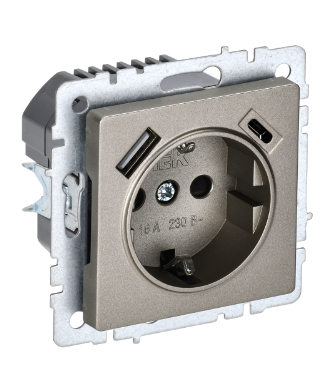 Фотография товара 'IEK BRITE Розетка 1-местная с заземлением с защитными шторками 16А с USB A+C 18Вт РЮш11-1-БрШ шампань BR-R14-16-U22-018-K37'