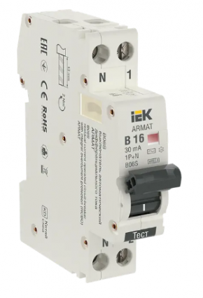 Фотография товара 'IEK ARMAT Автоматический выключатель дифференциального тока B06S 1P+NP B16 30мА тип AC (18мм), AR-B06S-1N-B16C030'