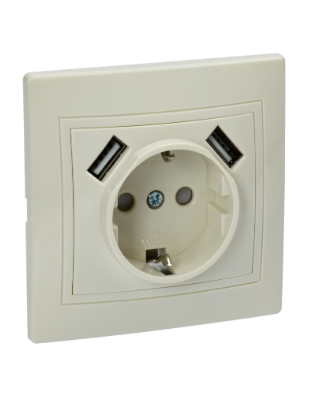 Фотография товара 'IEK KVARTA Розетка 1-местная РЮш10-1-ККм с заземляющим контактом и защитными шторками 16А USBх2 2,1А кремовый KV-R14-16-U2-K33'