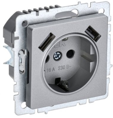 Фотография товара 'IEK BRITE Розетка 1-местная с заземлением с защитными шторками 16А с USB A+A 5В 2,1А РЮш10-1-БрА алюминий BR-R14-16-U21-D21-K47'
