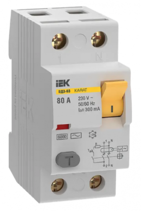 Фотография товара 'IEK Выключатель дифференциальный (УЗО) KARAT ВД3-63 2P 80А 300мА 6кА тип AC, MDV20-2-080-300'