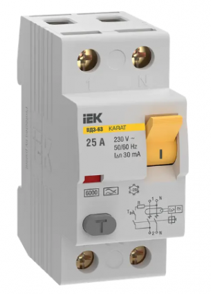 Фотография товара 'IEK Выключатель дифференциальный (УЗО) KARAT ВД3-63 2P 25А 30мА 6кА тип A, MDV21-2-025-030'