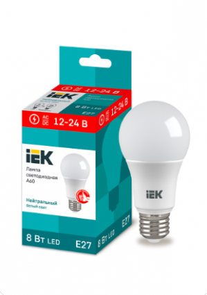 Фотография товара 'IEK Лампа светодиодная A60 шар 8Вт 12-24В 4000К E27 LLE-A60-08-12-24-40-E27'