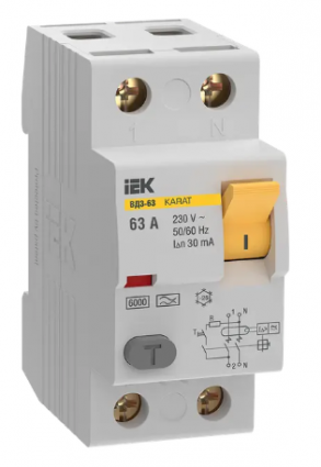 Фотография товара 'IEK Выключатель дифференциальный (УЗО) KARAT ВД3-63 2P 63А 30мА 6кА тип A, MDV21-2-063-030'