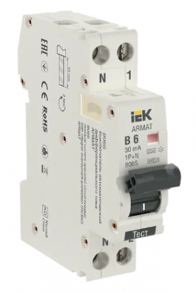 Фотография товара 'IEK ARMAT Автоматический выключатель дифференциального тока B06S 1P+NP B6 30мА тип A (18мм), AR-B06S-1N-B06A030'