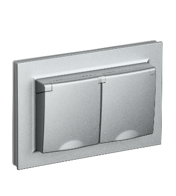 Фотография товара 'IEK BRITE Розетка 2-местная с заземлением с защитными шторками и крышкой 16А в сборе IP44 РСбш12-3-44-БрА алюминий BR-R26-16-44-K47-F'