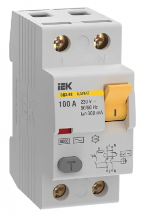 Фотография товара 'IEK Выключатель дифференциальный (УЗО) KARAT ВД3-63 2P 100А 300мА 6кА тип AC, MDV20-2-100-300'