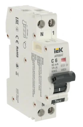 Фотография товара 'IEK ARMAT Автоматический выключатель дифференциального тока B06S 1P+NP C6 30мА тип AC (18мм), AR-B06S-1N-C06C030'
