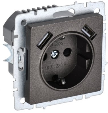 Фотография товара 'IEK BRITE Розетка 1-местная с заземлением с защитными шторками 16А с USB A+A 5В 2,1А РЮш10-1-БрТБ темная бронза BR-R14-16-U21-D21-K45'