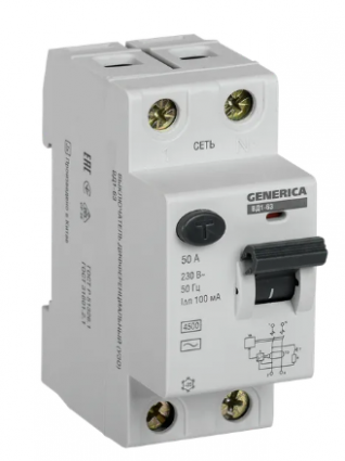 Фотография товара 'IEK Выключатель дифференциальный (УЗО) ВД1-63 2Р 50А 100мА, MDV15-2-050-100'