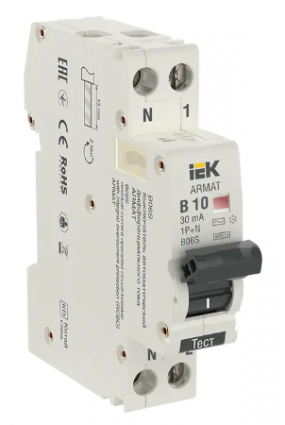 Фотография товара 'IEK ARMAT Автоматический выключатель дифференциального тока B06S 1P+NP B10 30мА тип AC (18мм), AR-B06S-1N-B10C030'