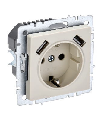 Фотография товара 'IEK BRITE Розетка 1-местная с заземлением с защитными шторками 16А с USB A+A 5В 2,1А РЮш10-1-БрКр бежевый BR-R14-16-U21-D21-K10'