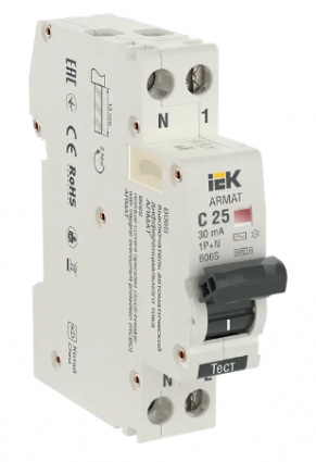 Фотография товара 'IEK ARMAT Автоматический выключатель дифференциального тока B06S 1P+NP C25 30мА тип AC (18мм), AR-B06S-1N-C25C030'