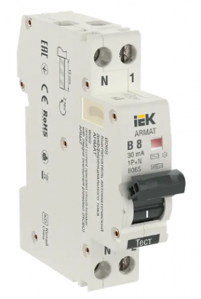 Фотография товара 'IEK ARMAT Автоматический выключатель дифференциального тока B06S 1P+NP B8 30мА тип AC (18мм), AR-B06S-1N-B08C030'