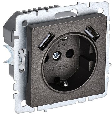 Фотография товара 'IEK BRITE Розетка 1-местная с заземлением с защитными шторками 16А с USB A+A 5В 3,1А РЮш10-2-БрТБ темная бронза BR-R14-16-U21-D31-K45'