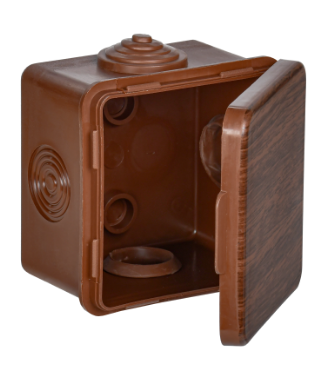 Фотография товара 'IEK Коробка распаячная КМ для открытой проводки с откидной крышкой 65х65х50мм IP54 4 гермоввода дуб UKO31-065-065-050-K24-54'