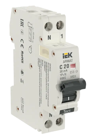 Фотография товара 'IEK ARMAT Автоматический выключатель дифференциального тока B06S 1P+NP C20 30мА тип AC (18мм), AR-B06S-1N-C20C030'