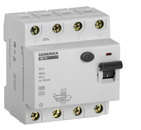 Фотография товара 'IEK Выключатель дифференциальный (УЗО) ВД1-63 4Р 63А 100мА, MDV15-4-063-100'